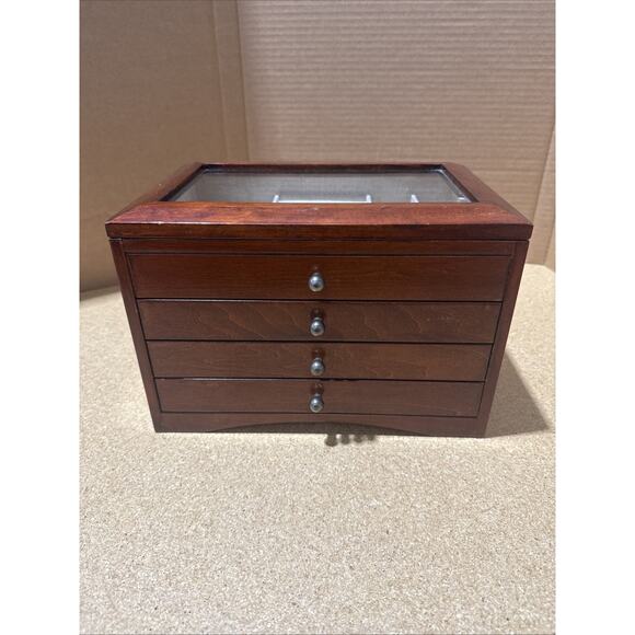 VTG Wooden Jewelry Box Chest Style 12x8x8 Glass Top 3 Drawers Unbranded READ - Picture 1 of 15